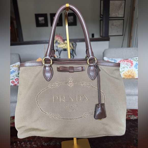 Prada Canvas and Leatget Tan and Brown Women's shoulder bag - Picture 1 of 16